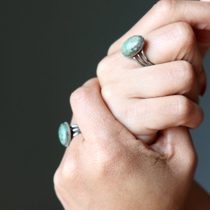 chrysocolla oval rings in gunmetal