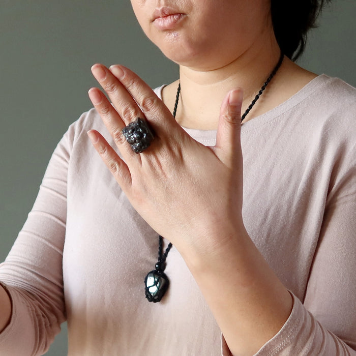 woman wearing hematite cluster ring