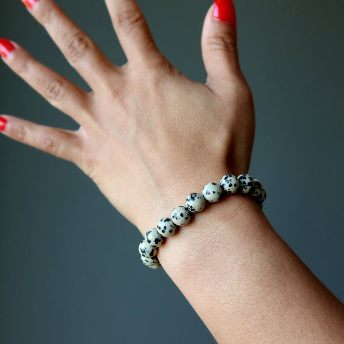 dalmatian jasper bracelet on wrist