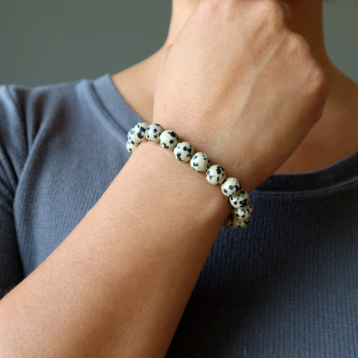dalmatian jasper bracelet on wrist