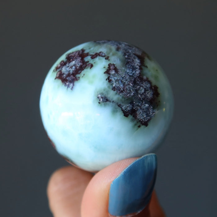 Larimar Sphere Blue Fire in the Sky Red Hematite Crystal Ball