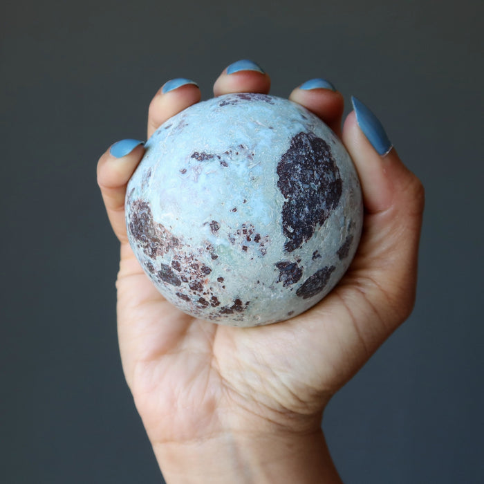 Larimar Sphere Blue Fire in the Sky Red Hematite Crystal Ball