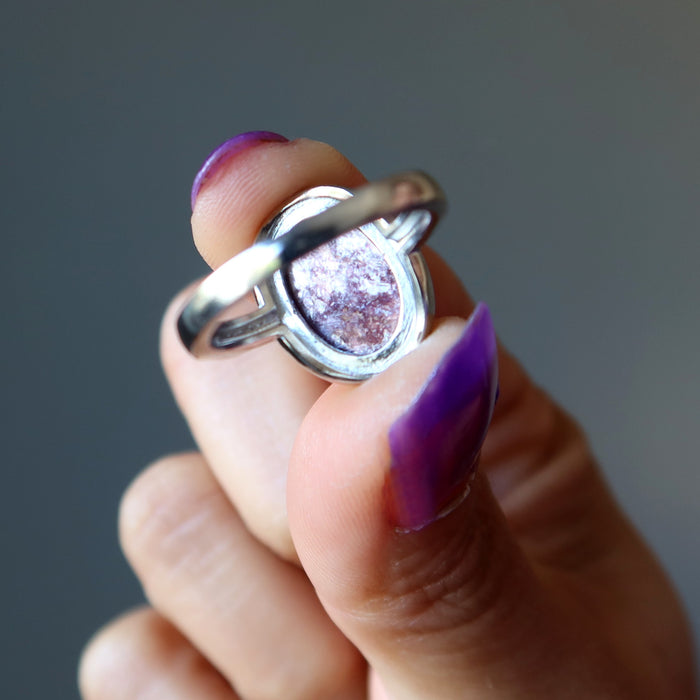 Lepidolite Ring Spiritual Zing Shiny Purple Gem White Bronze