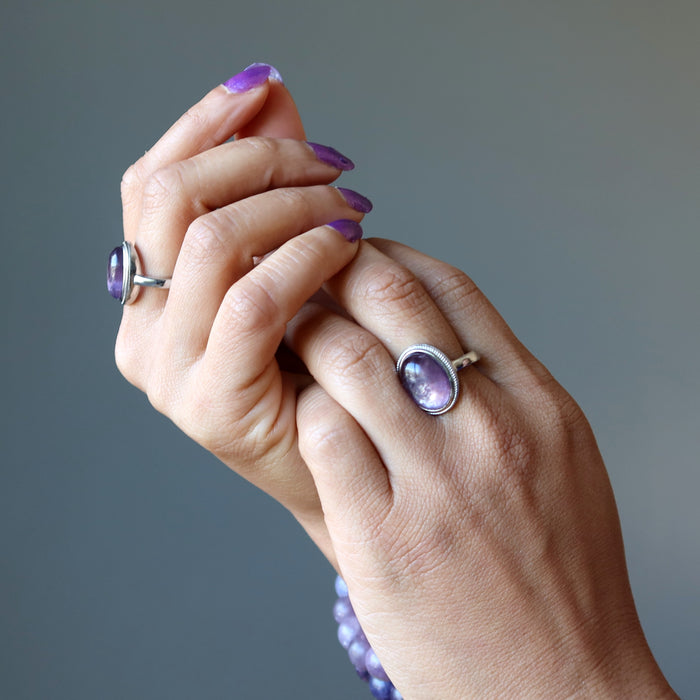 Lepidolite Ring Spiritual Zing Shiny Purple Gem White Bronze