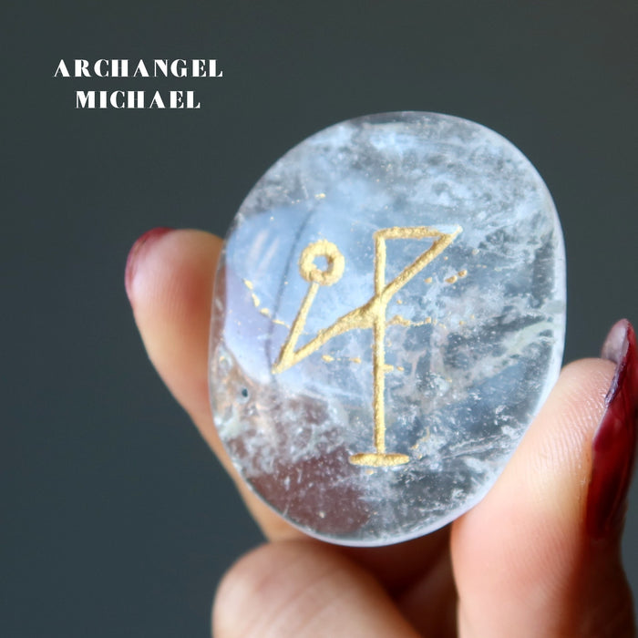 Clear Quartz Palm Stone Set Archangel Michael Gabriel Uriel Crystals
