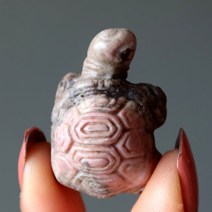 Fingers holding Rhodonite Turtle Love Friendship Animal