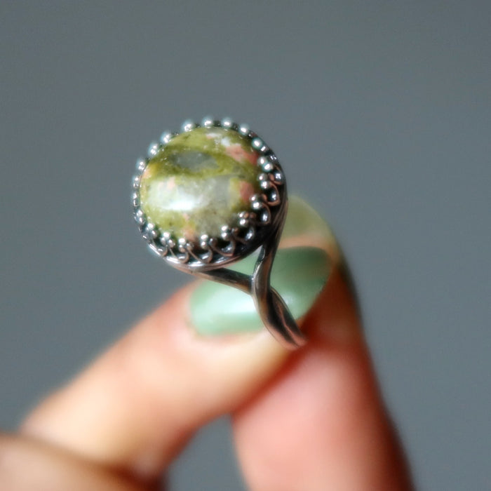 Unakite Ring Signs of Spring Green Pink Round Gem Sterling Silver