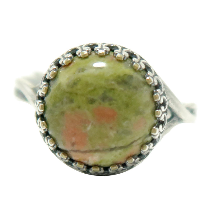 Unakite Ring Signs of Spring Green Pink Round Gem Sterling Silver