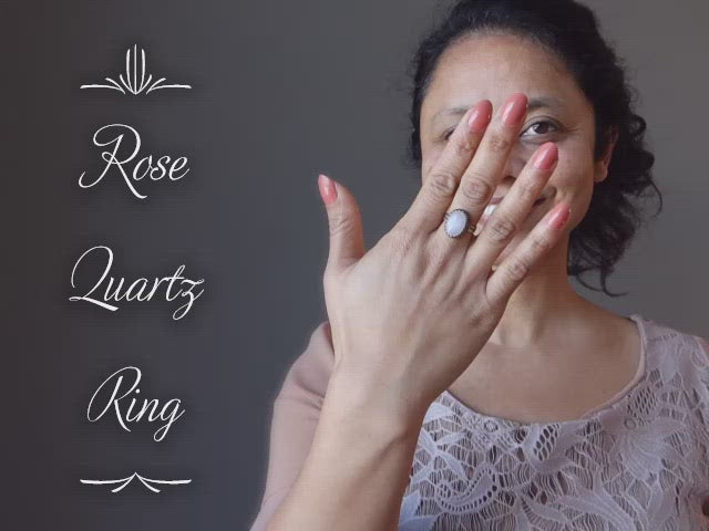 video featuring pink rose quartz oval in antique brass adjustable ring