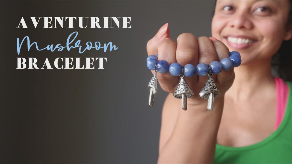 video on wearing blue aventurine mushroom stretch bracelet