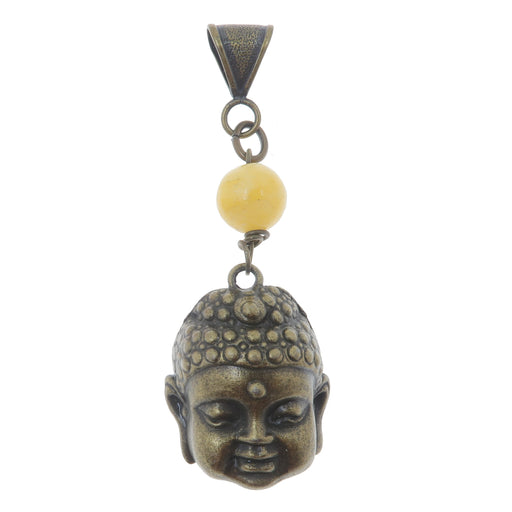 yellow stone round bead hung with antiqued brass Buddha head charm on an antiqued brass bail.