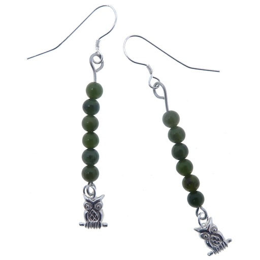 dark green nephrite jade beaded earrings with sterling silver owl dangles on sterling silver ear wires