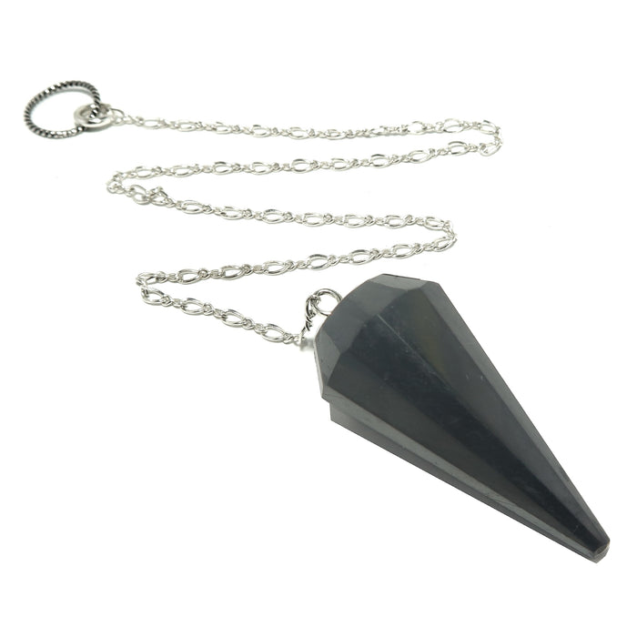 black faceted shungite point on sterling silver pendulum