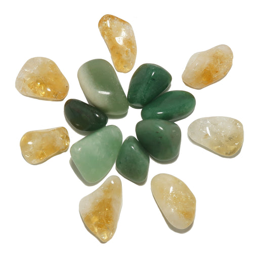 set of 7 yellow citrine and green aventurine tumbled stones