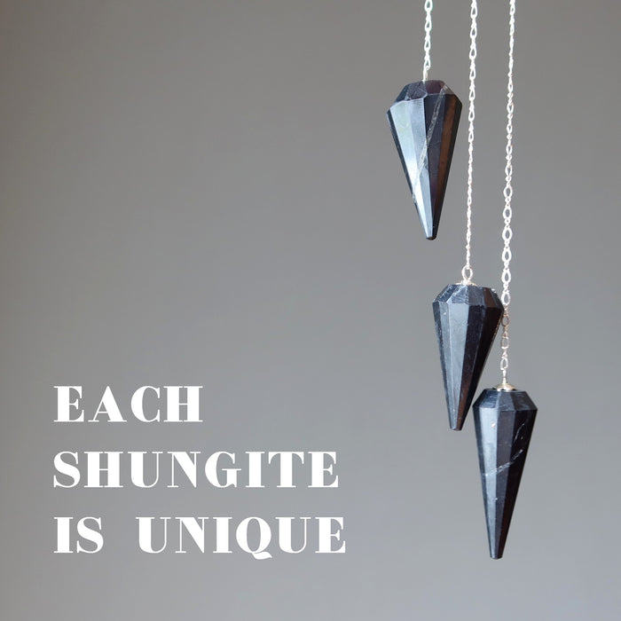 three shungite pendulums on sterling silver chains