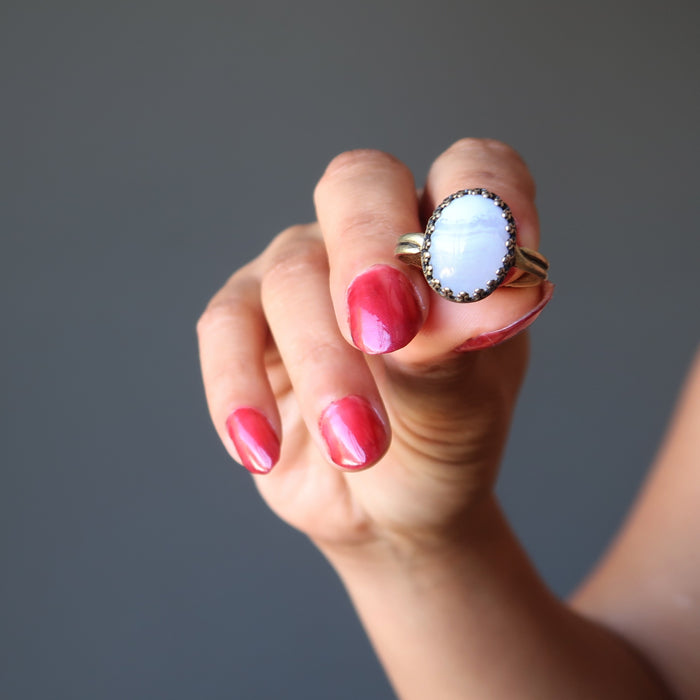 model hand showing Antique Adjustable Brass Oval Blue Lace Agate Ring