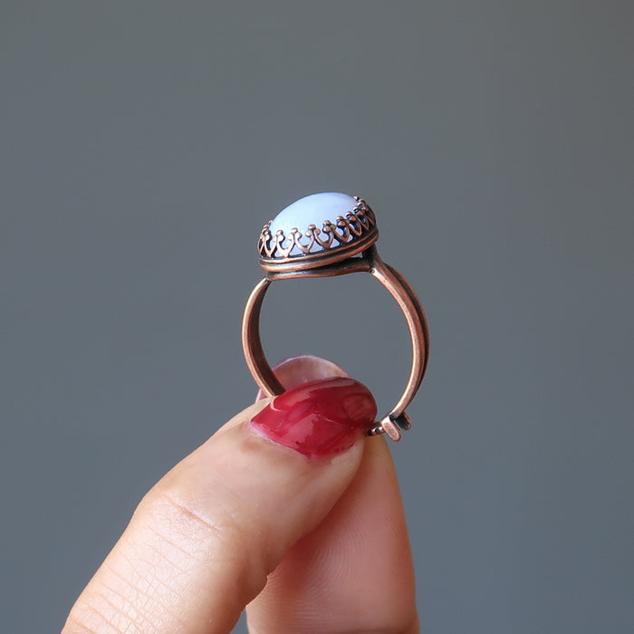 holding Adjustable Antique Copper Blue Lace Agate Ring with finger tips