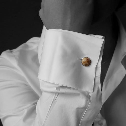 crazy lace agate cufflinks on white french cuff shirt