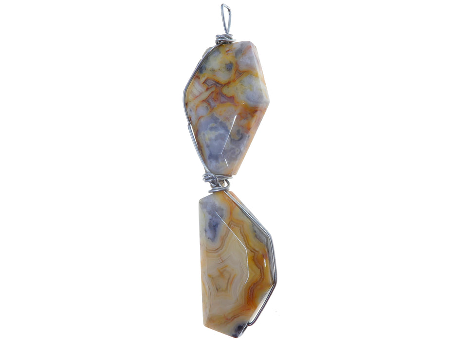 Pendant made of two Agate Crazy Lace Yellow Stone Silver Wire Wrapped hanging side way