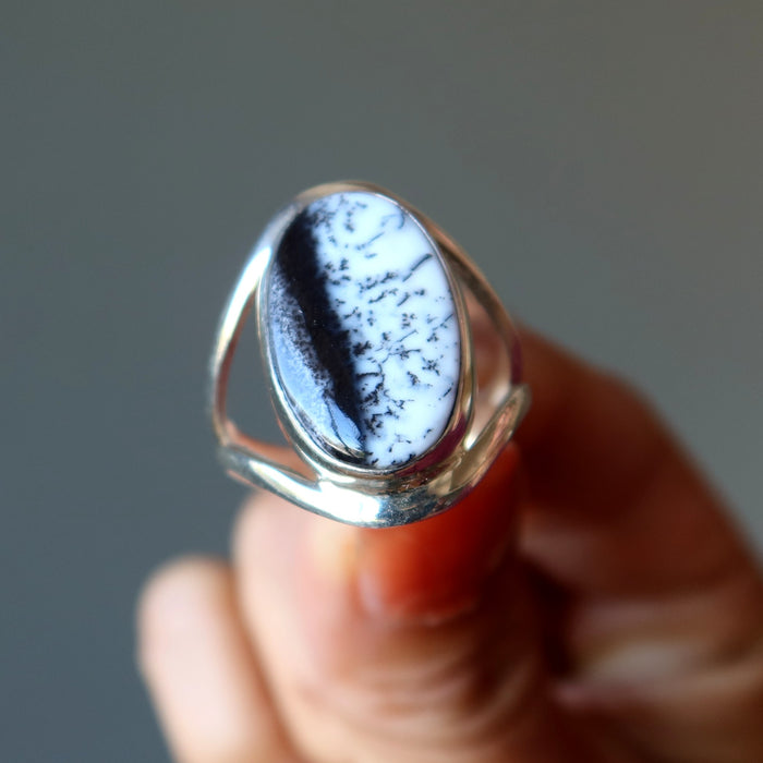 Dendritic Agate Ring Black White Gemstone Sterling Silver