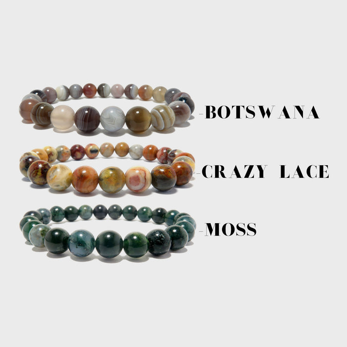 botswana, crazy lace and moss agate round beaded stretch bracelet set with their names typed out