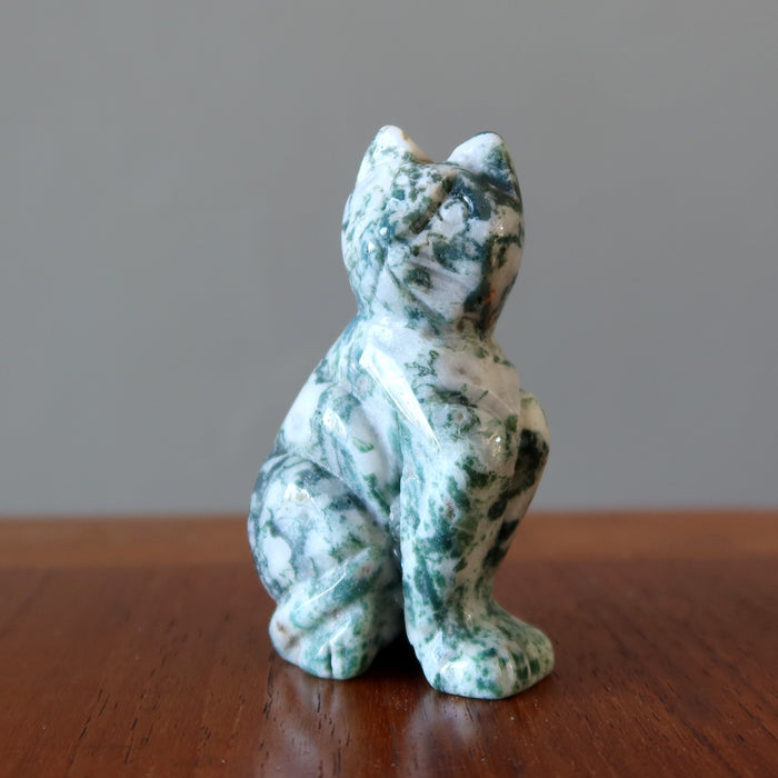 Moss Agate Cat Guardian of the Green Forest Animal Figurine