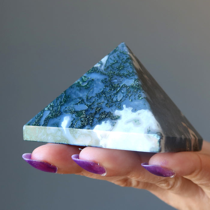 green and white moss agate pyramid