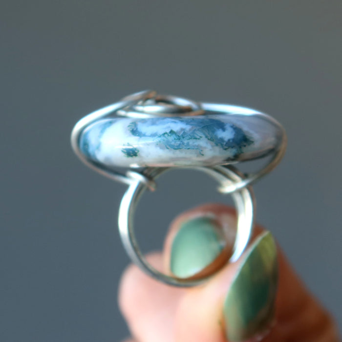 Moss Agate Ring White River Green Forest Crystal Silver