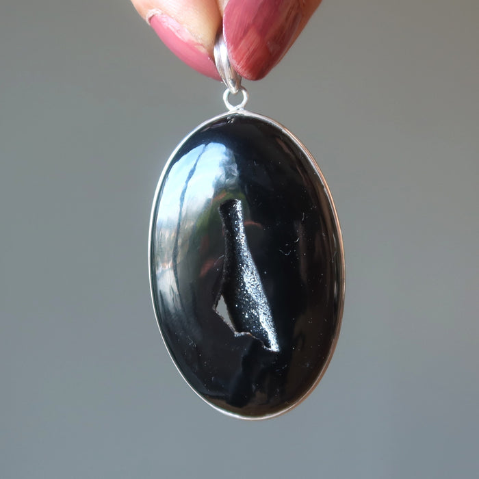 Black Agate Pendant Sparkling Soul Druzy Quartz Cave Sterling Silver