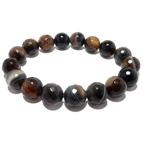 banded coffee brown and black agate faceted round beaded stretch bracelet