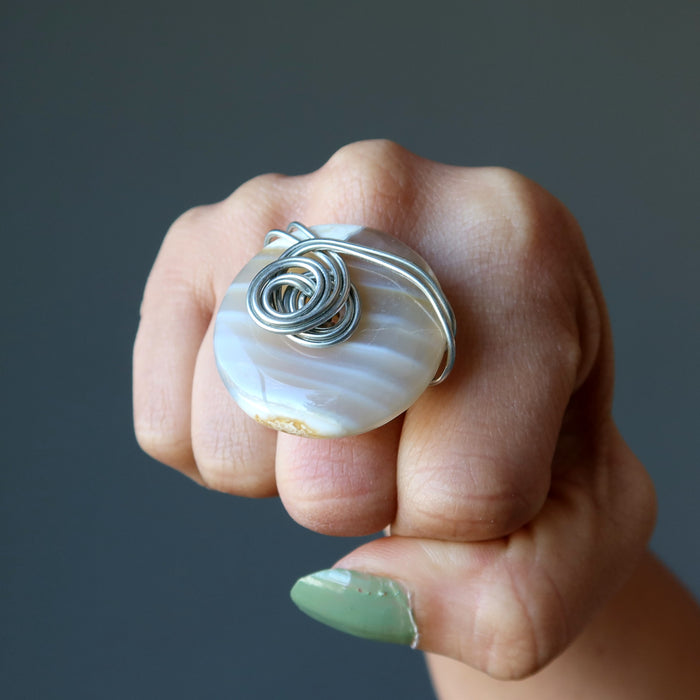 White Agate Ring Big Style Round Statement Stone Silver