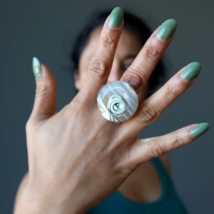 White Agate Ring Big Style Round Statement Stone Silver