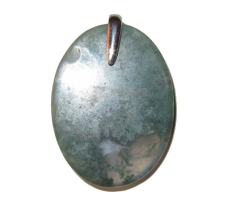 Moss Agate Pendant Clear Green Oval Crystal Silver Flower Leaf Design