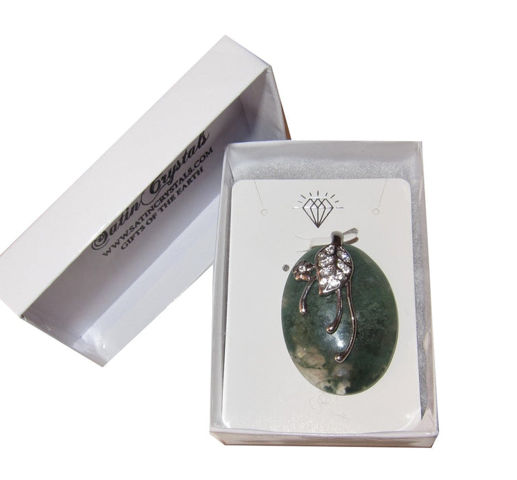 Moss Agate Pendant Clear Green Oval Crystal Silver Flower Leaf Design