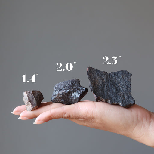 hand holding three agoudal meteorites to show that sizes vary