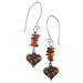 large sterling silver earring wires beaded with amber nugget beads and dangling with wood heart world map charms