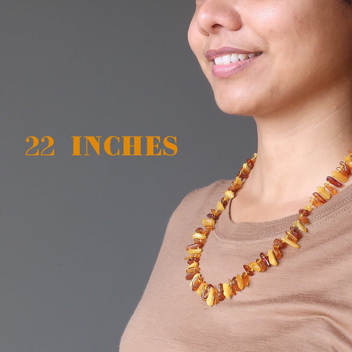 Sheila of Satin Crystals wearing 22" Yellow Orange Red Baltic Amber 10-18mm beads Knotted Necklace 