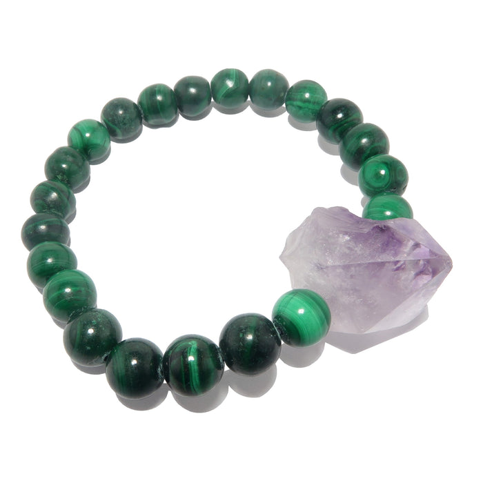 genuine raw amethyst point and green malachite stretch bracelet, beaded with natural stones on elastic jewelry at satin crystals. 