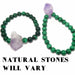 displying two purple amethyst green malachite gemstone bracelets. Text says natural stones will vary.