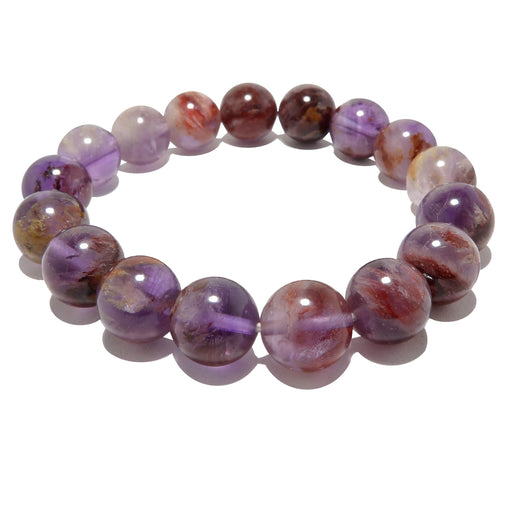 purple amethyst with red and gold goethite inclusions round beaded stretch bracelet