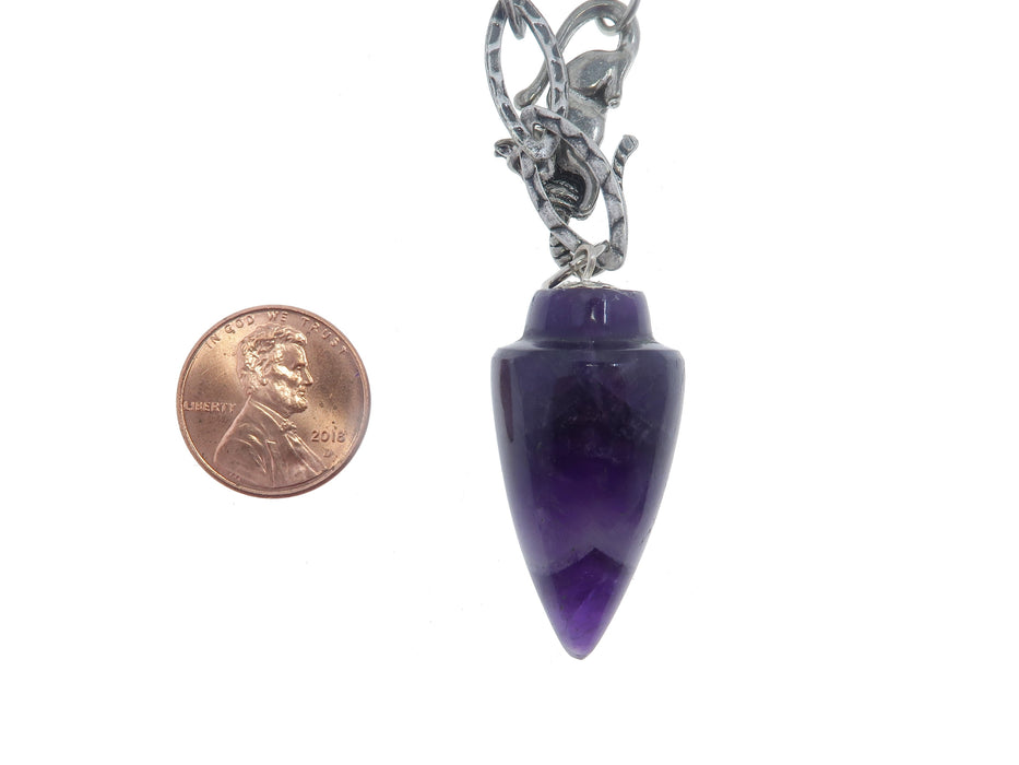 penny next to 21 inches Chevron Purple Point Amethyst pendant with Silver Chain and Cat Yarn