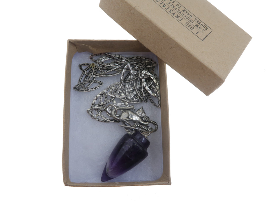 21 inches Chevron Purple Point Amethyst pendant with Silver Chain and Cat Yarn in gift box
