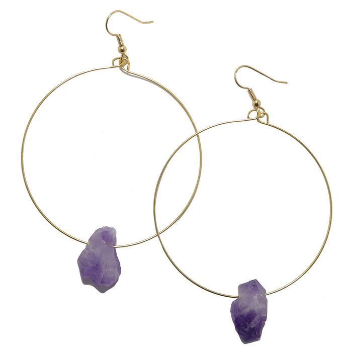 3.5 x 2.4 inches Raw Purple Amethyst Point Gold Hoop Earrings 
