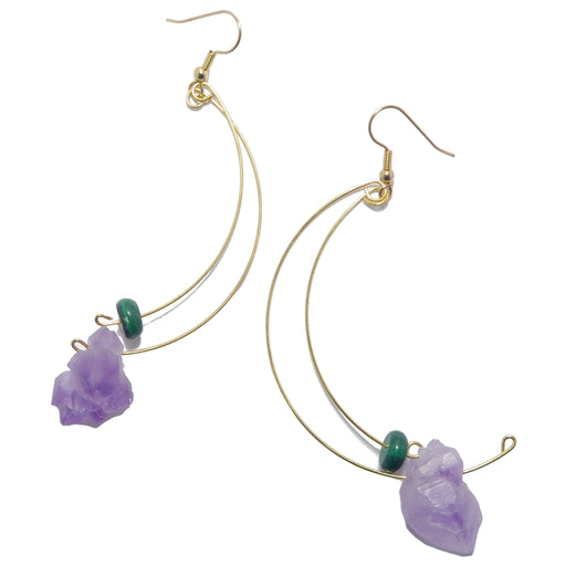 3.5 x 1.4 inches Bliss Purple Green Gold Dangle Amethyst Malachite Earrings