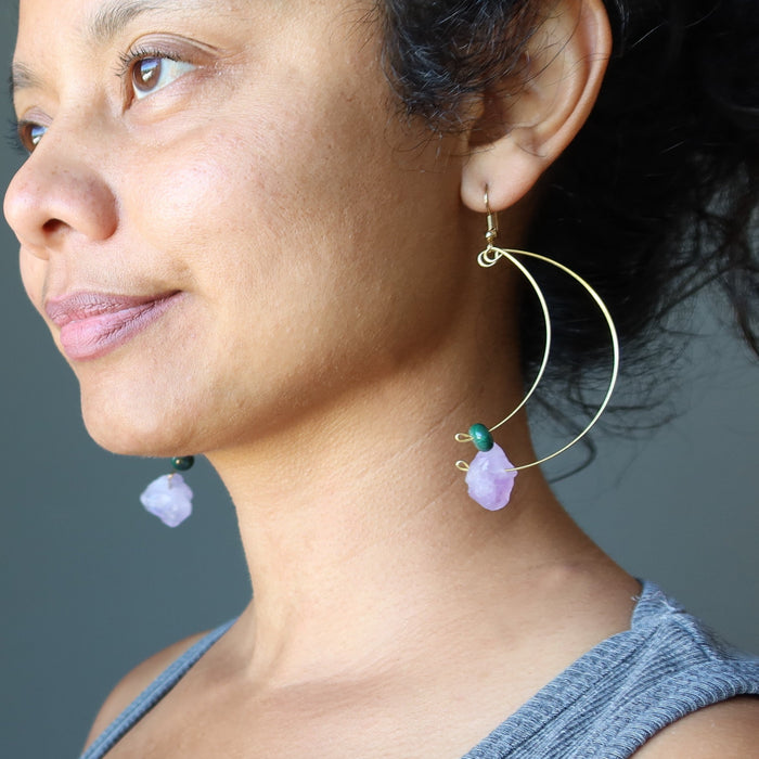 sheila of satin crystals wearing Purple Green Gold Dangle Amethyst Malachite Earrings