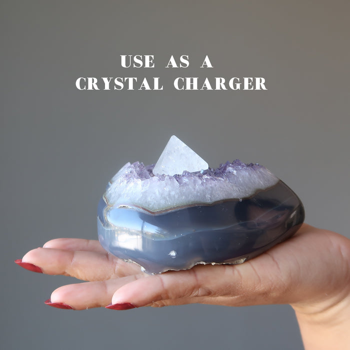 using Lilac Purple Cluster Blue Agate Amethyst Heart as a charger displaying on model palm