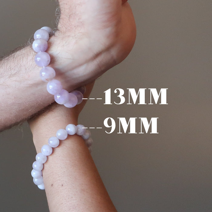 man and woman's wrists modeling lavender purple amethyst bracelets in 9mm and 13mm