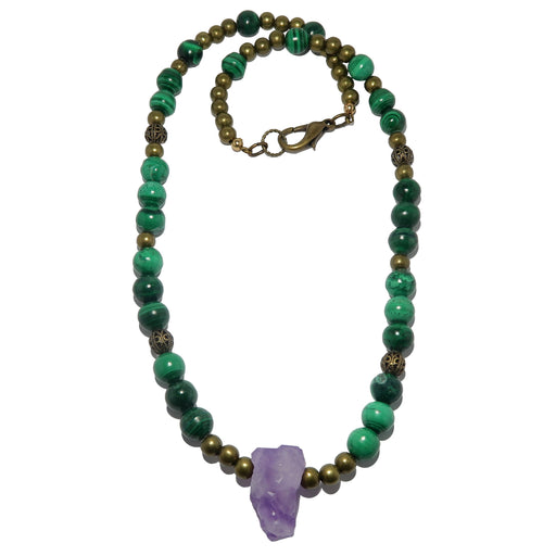 The necklace made of raw purple Amethyst point  banded green Malachite and metal accent beads secured with a large lobster clasp