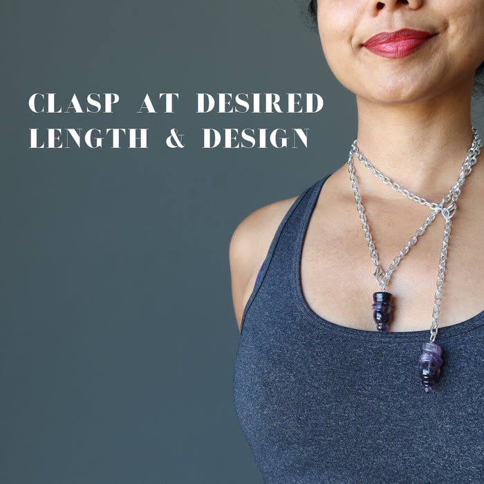 sheila of satin crystals wearing two of 24 inches Amethyst Pendulum pendant necklaces showing how to adjust the chain length 