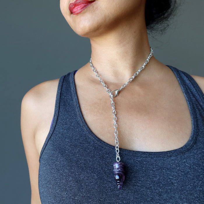 sheila of satin crystals wearing adjusted shorter Amethyst Pendulum pendant necklace